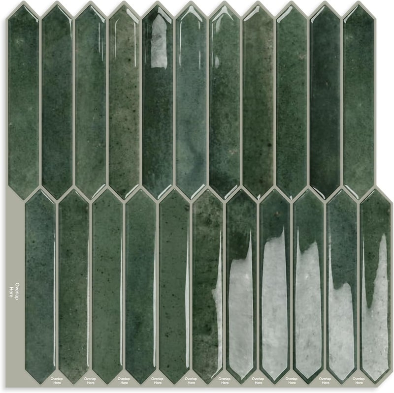 MOONFUN Green Long Hexagon Tile Peel and Stick Backsplash, 10 Sheets Self-Adhesive Wall Tiles Stick on Back Splash for Kitchen, Bathroom, Fireplace,RV(12"×12") - Image 1